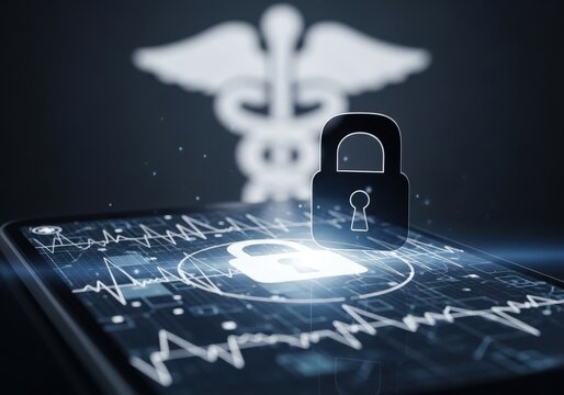 Digital security and privacy in healthcare. Medical concept with padlock on a tablet screen for health monitoring.