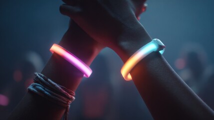 Close medium shot of wristbands lighting up in unison on two users heartbeats perfectly aligned against a blurred darkened setting highlighting emotional and digital harmony.