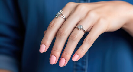 Woman's hand with trendy pink manicure and silver rings on a blue background