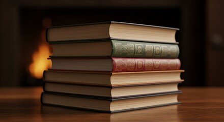 Stacked books near fireplace with warm light
