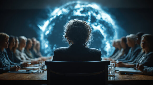 A group of business people in a conference room is seen from behind, focusing on a figure at the head of the table with a holographic globe in the background