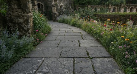 Stone Path Leading Through a Lush Garden, Surrounded by Ancient Stone Structures.