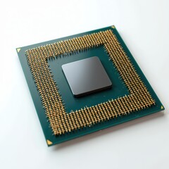 Detailed view of 3D render of generic CPU processor on clean white background. Central processing unit features dark square chip with gold pins arranged on green circuit board. Represents technology,