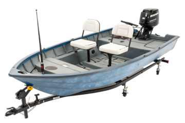 A complete recreational fishing boat setup featuring a small jon boat with an outboard motor and seats, on a trailer isolated against a white background.