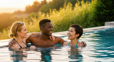 Group of Diverse Friends Enjoying in Swimming Pool at Sunset Golden Hour Vector Illustration for Summer Vacation Travel Tourism and Friendship Concepts
