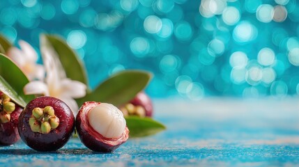 Fresh Mangosteens with Green Leaves and White Flowers on a Blue Background with Bokeh Effect