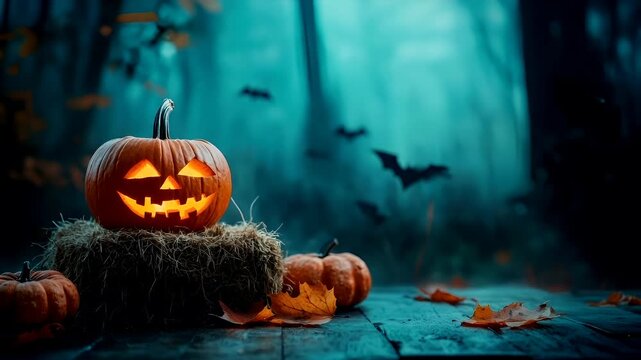 Halloween holiday decoration theme. A Halloweenthemed wallpaper featuring a pumpkin with a carved face, set against a misty blue backdrop. The pumpkin is illuminated from behind.