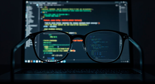 Programming code and eyeglasses on laptop screen in dark room for software development, debugging or data security with focused vision, digital coding and night work in tech workspace