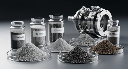 Collection of metal powders in various particle sizes used as feedstock in powderbed additive manufacturing of cryogenic fuel valves.