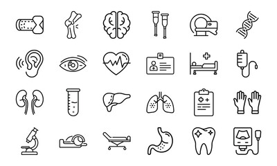 "Medical Healthcare Outline Icons Set Hospital Equipment, Anatomy, Surgery, First Aid, Doctor Tools, Pharmacy, Emergency, Laboratory, and Patient Care Vector Pack"