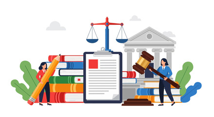 Fototapeta premium Flat vector illustration of courthouse, legal documents, gavel, scales of justice, law books, and business professionals, symbolizing justice system, corporate law, governance, and legal services