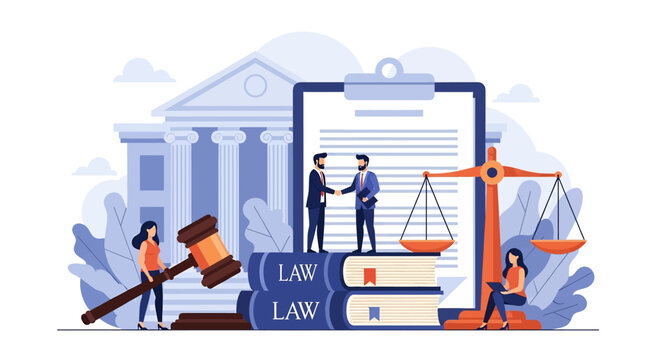 Flat vector illustration of courthouse, law books, legal contract, scales of justice, gavel, and business people shaking hands, symbolizing justice system, business law, governance, and legal services