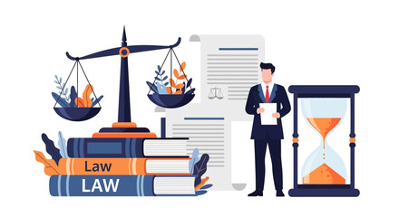 Flat vector illustration of law books, scales of justice, legal document, hourglass, and businessman holding paper, symbolizing law, justice, legal process, corporate governance, and business 