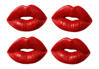 Obraz premium Four red lipstick kiss marks in a grid, highlighting lip texture and shape.
