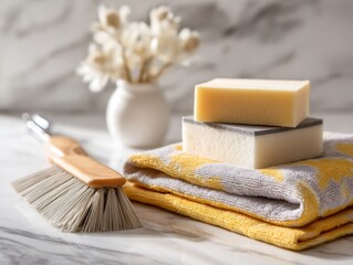 Bathroom Cleaning: Soap, Brush, Towels