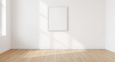 Minimalist White Room with Blank Frame, Wooden Floor, and Sunlight Accents.