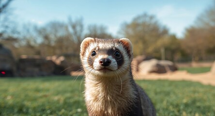 Fototapeta premium Curious Ferret Portrait on Green Grass, with a Blurred Background, Outdoors