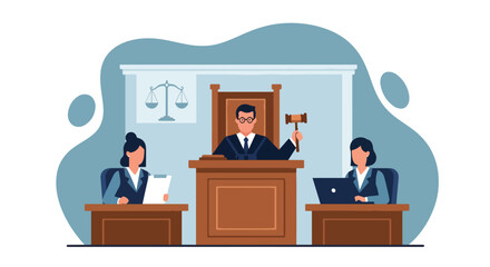 Flat vector illustration of courtroom with judge holding gavel and assistants working on documents and laptops, symbolizing business law, justice, corporate governance, and professional legal services