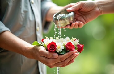 Younger hands pour water over elder hands holding jasmine and roses. Water cascades onto flowers. Symbolizes respect, tradition, and blessings during Songkran festival in Thailand.