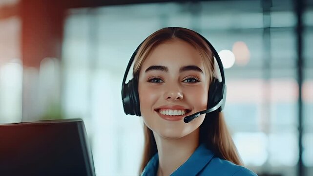 Customer support service representative agent. A closeup of a woman wearing a headset, with a focused expression. She is wearing a blue shirt and has a microphone attached to it.