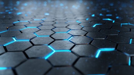 Obraz premium Metallic hexagonal pattern with blue glow. AI generated