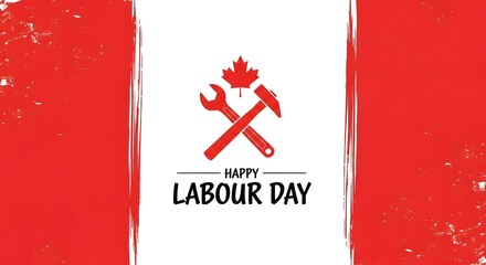 Happy labour day greeting with canadian flag elements, featuring a maple leaf, hammer, and wrench, celebrating workers and national pride on this holiday