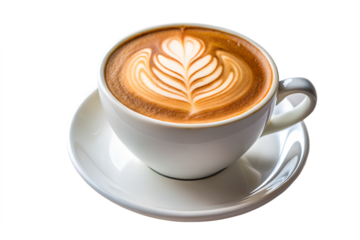 A cup of cappuccino with beautiful leaf shape latte art isolated on transparent background, top view