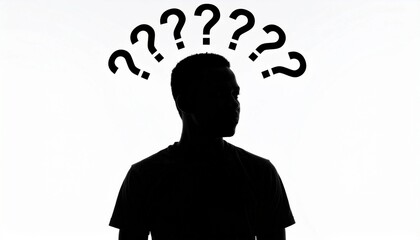 Flat vector icon of a person thinking with question marks above the head, simple black silhouette on white background.