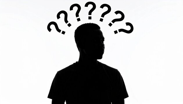 Flat vector icon of a person thinking with question marks above the head, simple black silhouette on white background. - Powered by Adobe