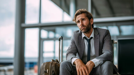 Despaired businessman passenger sitting with feeling sad at the airport, He was late for her flight on a business trip. Flight delay, Cancellation concept
