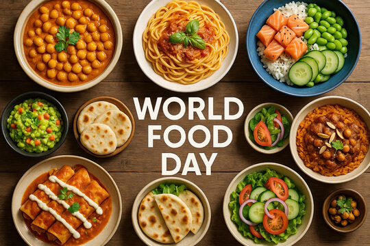 Colorful assortment of international dishes arranged beautifully for World Food Day celebration