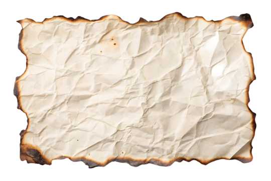 Heavily wrinkled vintage paper with burnt edges showing extensive creasing and weathered surface texture patterns, isolated on a transparent background