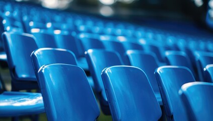 Obraz premium Photograph of blue chairs in the stands of an outdoor stadium. Taken with a telephoto lens, the image features natural lighting.