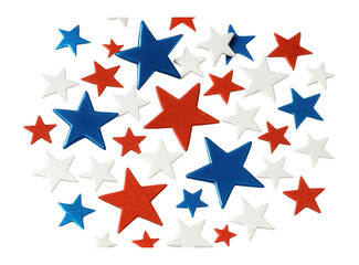 Star-shaped confetti in blue, red, and white colors.