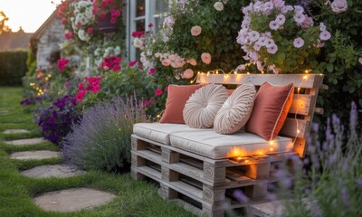 Cozy pallet bench surrounded by flowers in a garden at twilight