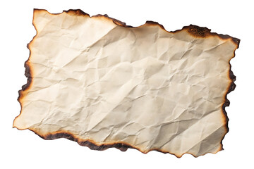 Fototapeta premium Wrinkled old paper with burnt border edges, creased surface and aged patina showing wear and tear, isolated on a transparent background