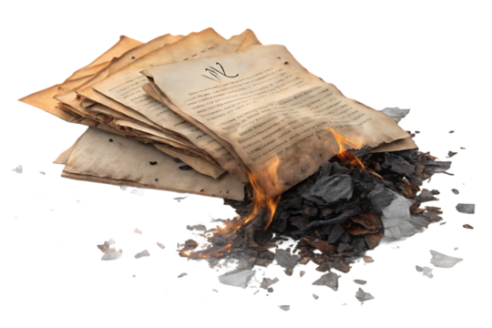 Collection of burning documents with flames consuming pages while ash and debris scatter around the pile, isolated on a transparent background - Powered by Adobe