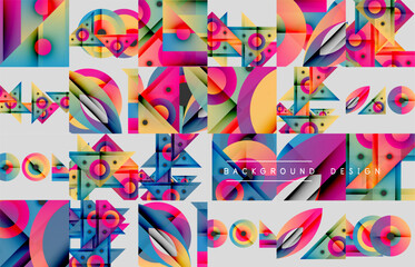 Abstract geometric patterns, vibrant colors, modern design elements. Composition features overlapping shapes, lines, circles.