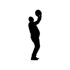 A dynamic silhouette of a man catching and throwing a basketball.