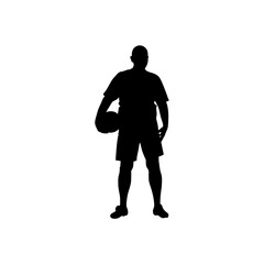 A bold, black silhouette of a man holding a basketball, standing in a neutral, athletic posture.