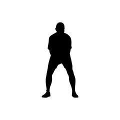 Full shot silhouette of a man standing, hands in pockets, in a neutral pose.