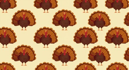Fototapeta premium A delightful and festive seamless pattern featuring adorable cartoon turkeys, creating a cheerful Thanksgiving Wallpaper perfect for autumn holiday celebrations and seasonal digital designs.