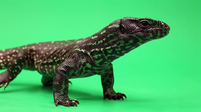 Exotic dark lizard with green patterns and scales, isolated on a vibrant green studio background.