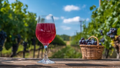 Glass of Red Wine and Basket of Grapes Against Vineyard Background, Sunny Day.