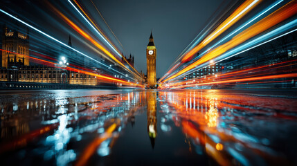 Glistening streets of London at night with Big Ben in view, vibrant light trails reflect off a wet road surface.