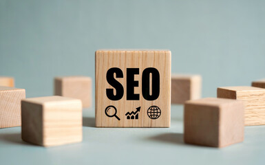 SEO (Search Engine Optimization) concept for digital marketing, with search, ranking, and web icons on a central wooden block.