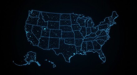 An illuminated digital map of the United States, showing state borders and internal points on a dark background.