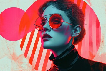 Stylish woman with sunglasses posing in neon lights, creating a vibrant and fashionable atmosphere