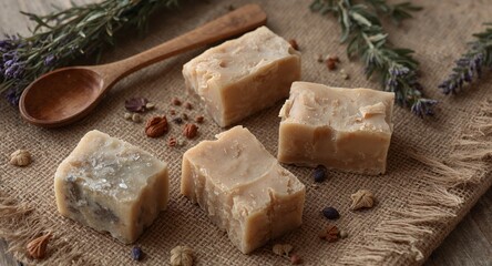 Natural Soap Bars with Herbs and Spices on Burlap, Rustic Spa Treatment Still Life.