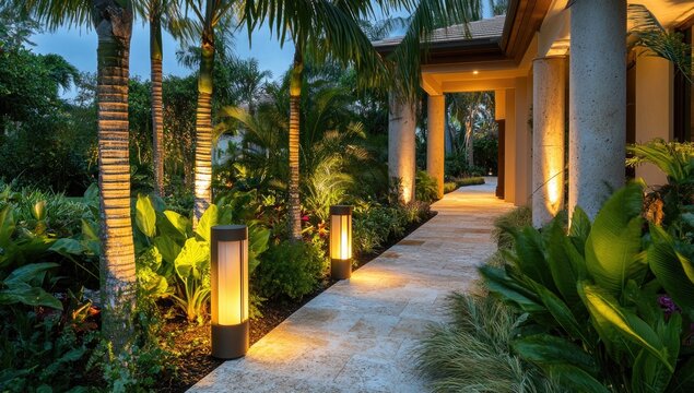 njA landscape lit with warm white LED lights, featuring small and low cylindrical lamps on the pathway leading to an upscale home entrance in Miami at night.